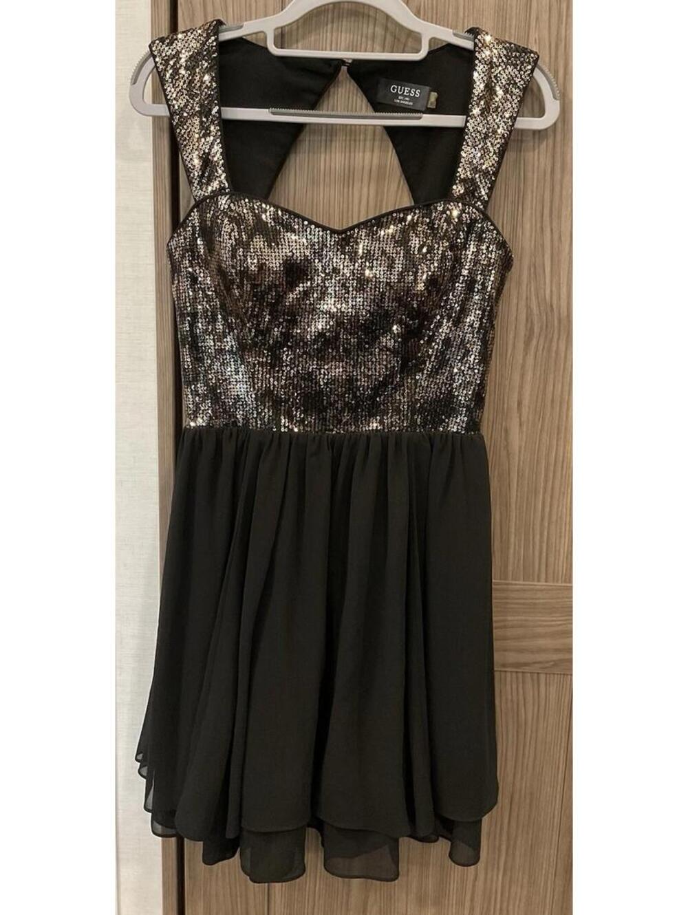 Guess Womens Black/ Gold Sequins Formal Open Back ZIP Up Dress Size 2